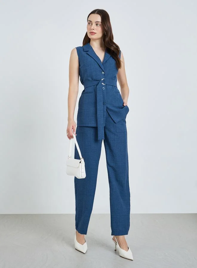 Styli Women Blue Regular Fit Sleeveless Belted Blazer